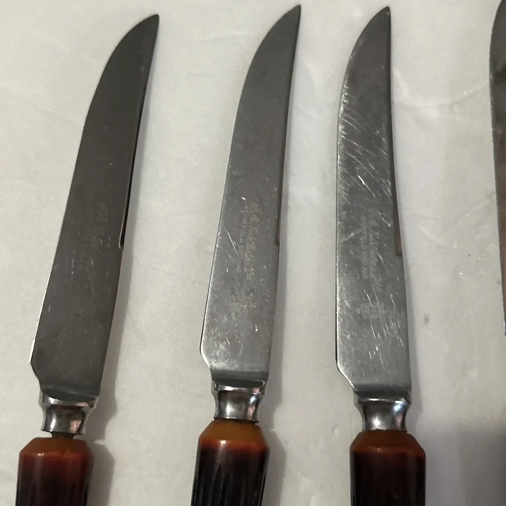 6 VTG Mid Century Sheffield England Stainless Steak Knive Faux Stag Horn Handles